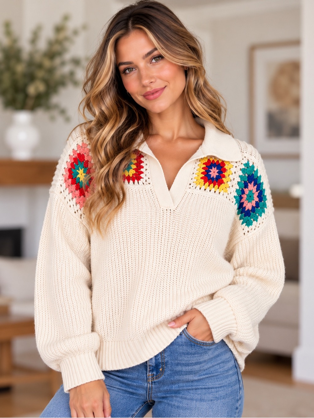 Joseph A Johnny Collar Sweater XXL NWT Crochet Granny Square Boho Cotton